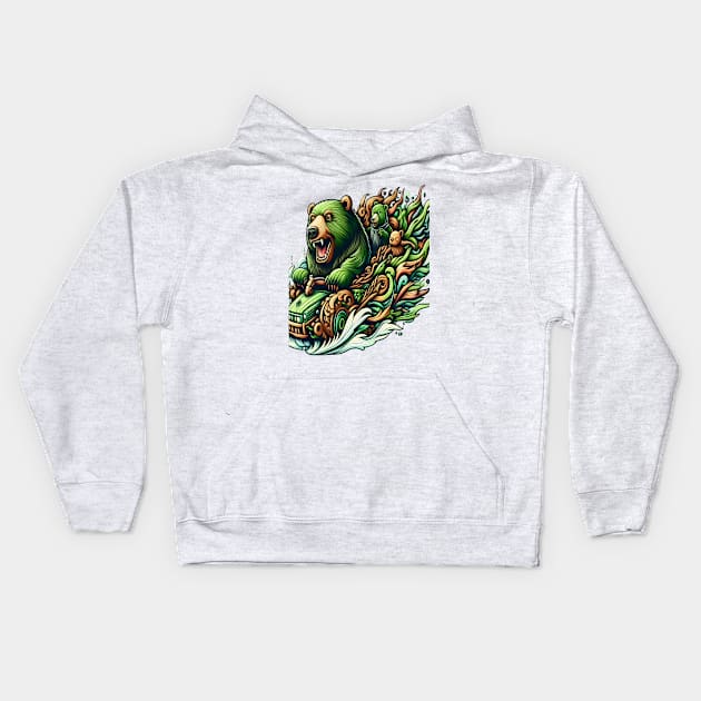 Animated Bears Riding a Green Car in a Vibrant Fantasy Illustration Kids Hoodie by coollooks